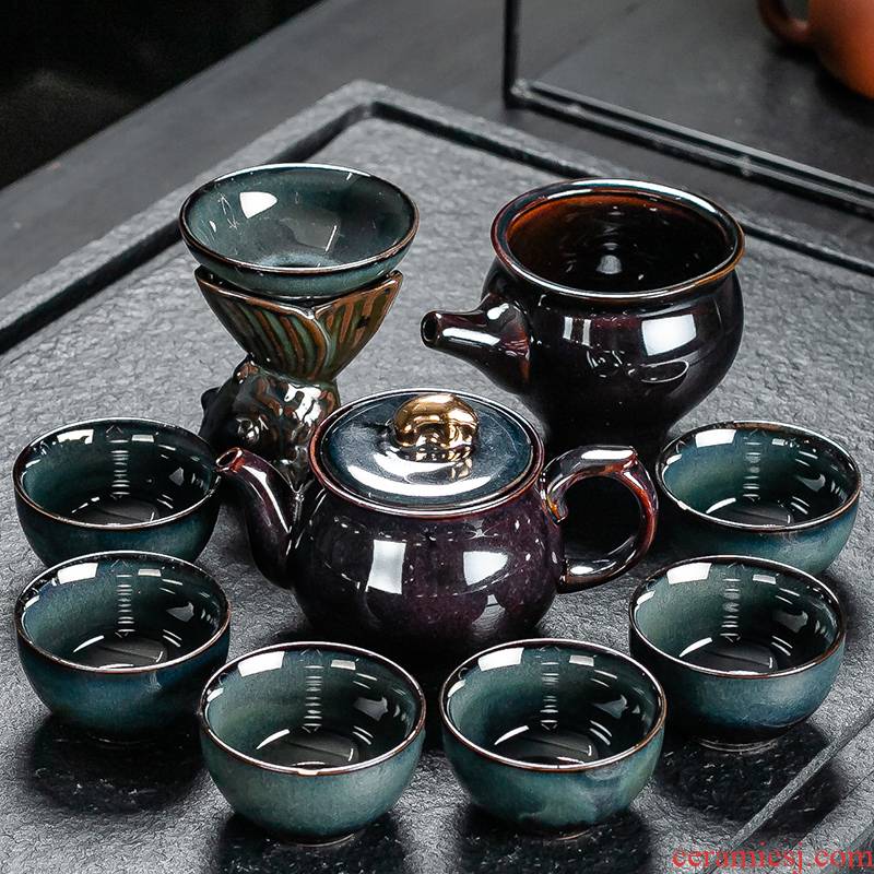 A complete set of ceramic up built light tea set domestic kung fu tea red glaze, the lazy millstones automatic tea