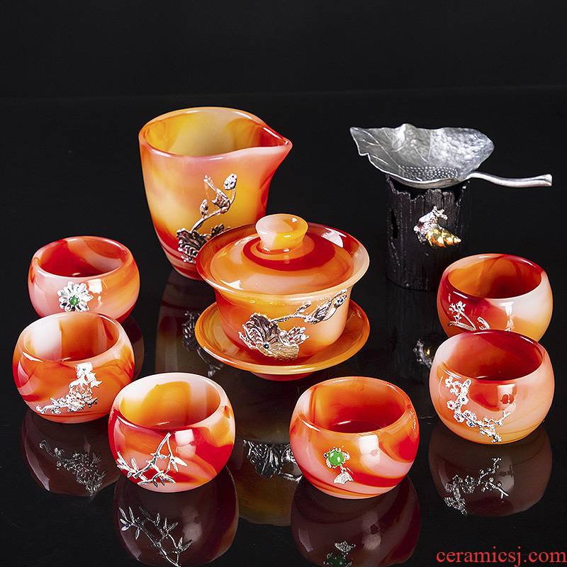 Coloured glaze kung fu tea set tea home office to receive a visitor tea jade porcelain glass cup with high - end gift box