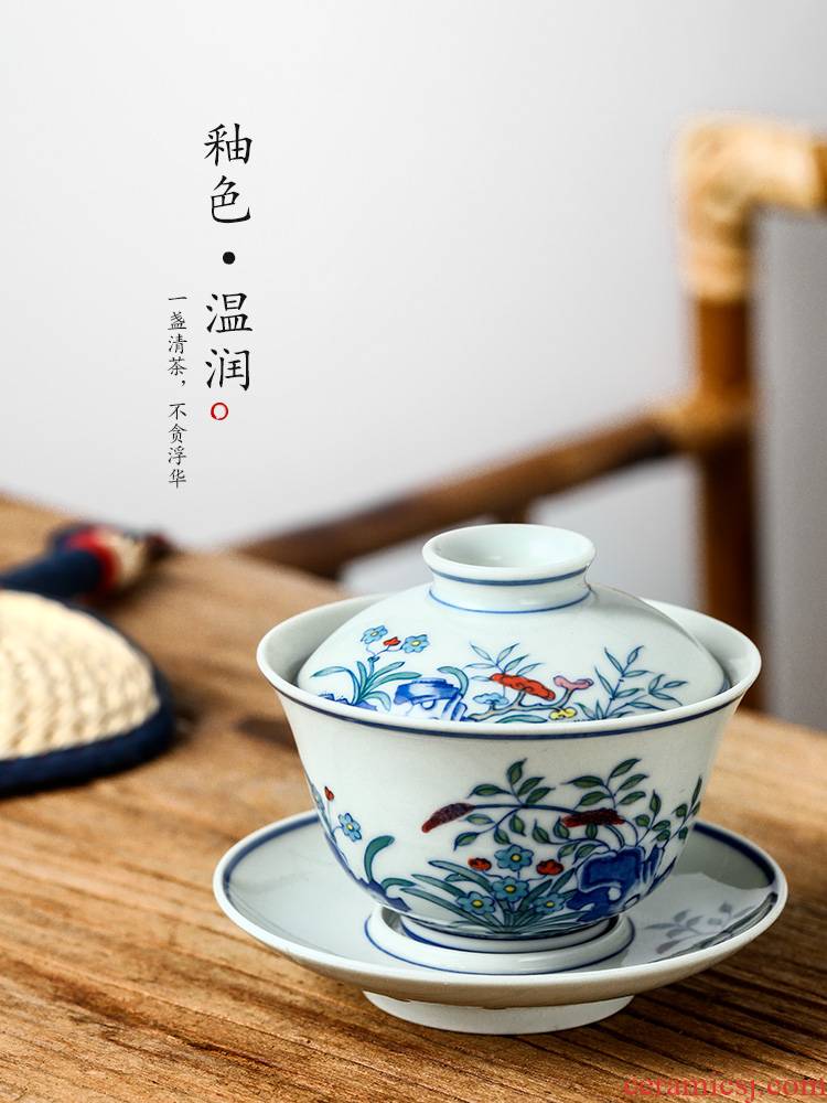 Jingdezhen only three tureen teacups hand - made porcelain colorful bowl with cover is not large single ceramic tea set