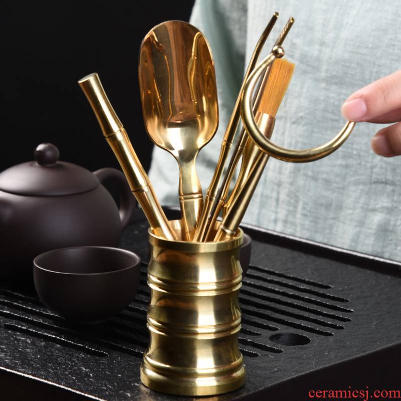 Copper tea six gentleman 's suit Chinese take teaspoons ChaGa YangHuBi tea tin, kung fu tea tea accessories