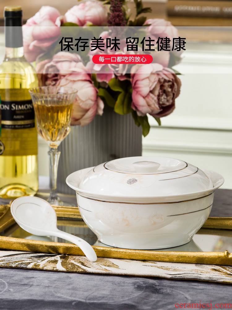 Jingdezhen ceramic with cover soup pot pot soup pot dishes set tableware circular creative large household large soup bowl