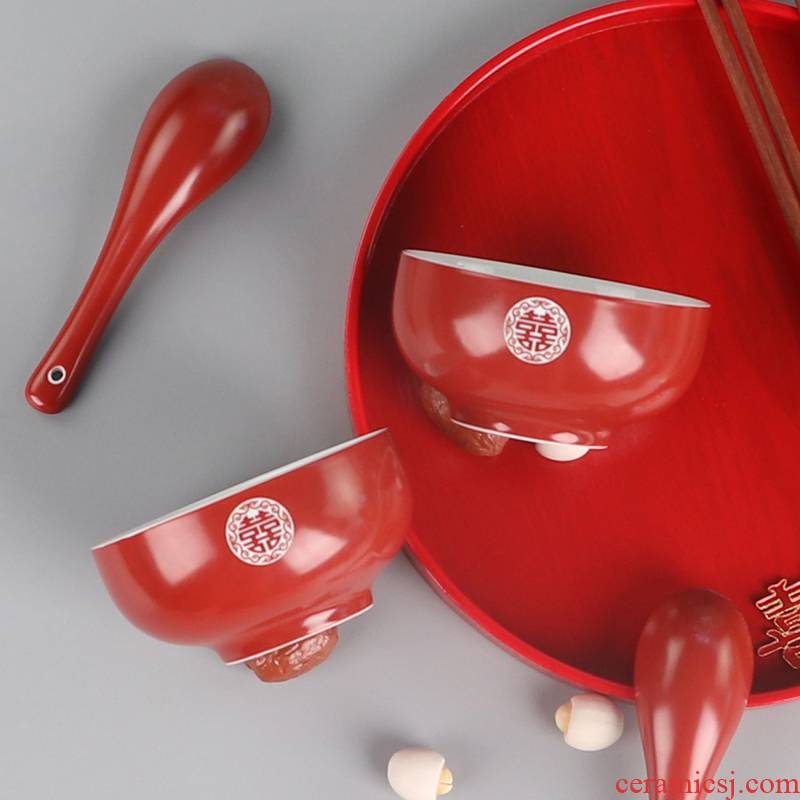 I swim marriage red double happiness ridiculous snack bowl bowl spoon set of chopsticks products of jubilation wedding tableware question