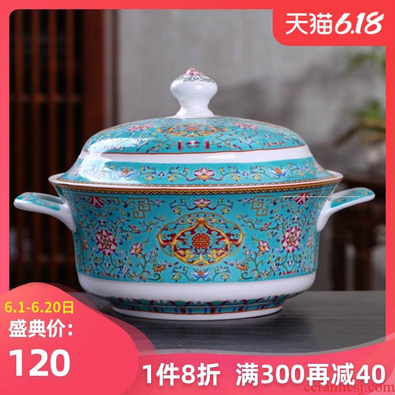 Colored enamel tureen large rainbow such use Chinese style household tableware bowls archaize ceramic pan with cover pot soup pot