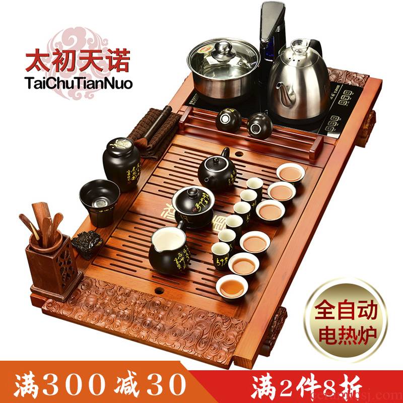Automatic tea sets the beginning day, violet arenaceous kung fu suit household solid wood four ground and office use the electric stove