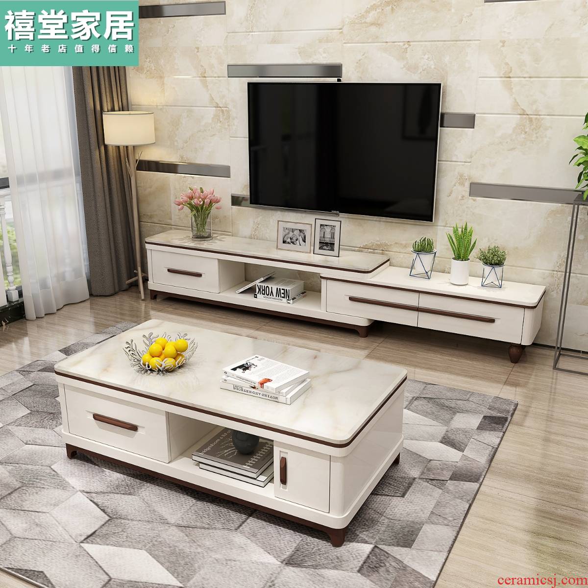 I and contracted marble TV ark of tea table combination suit scalable, film and television ark, Nordic small family sitting room