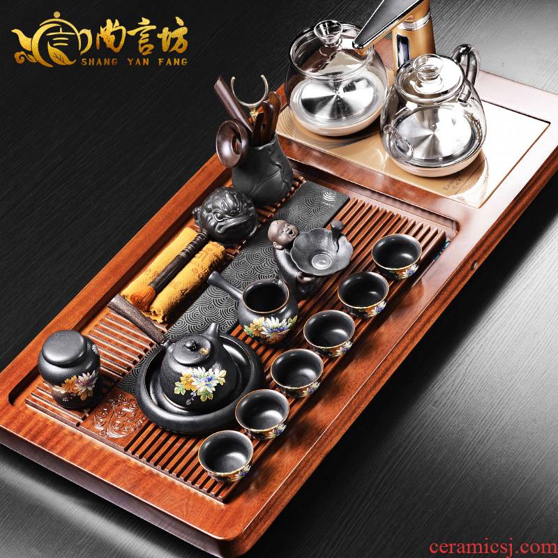 It still lane four one solid wood tea set household contracted and I kung fu tea tray automatic electric furnace
