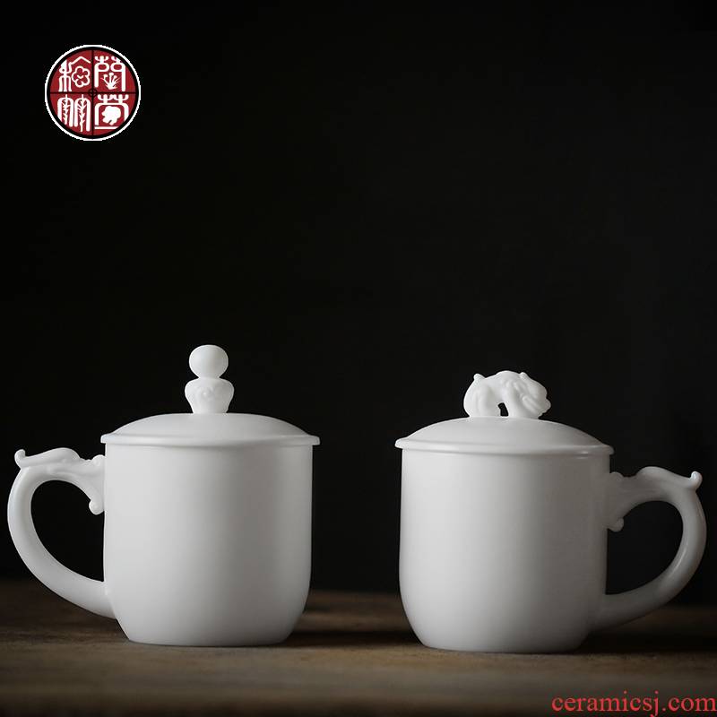 Dehua suet jade white porcelain cup with cover office meeting ceramic household biscuit firing individual cup a cup of tea cup