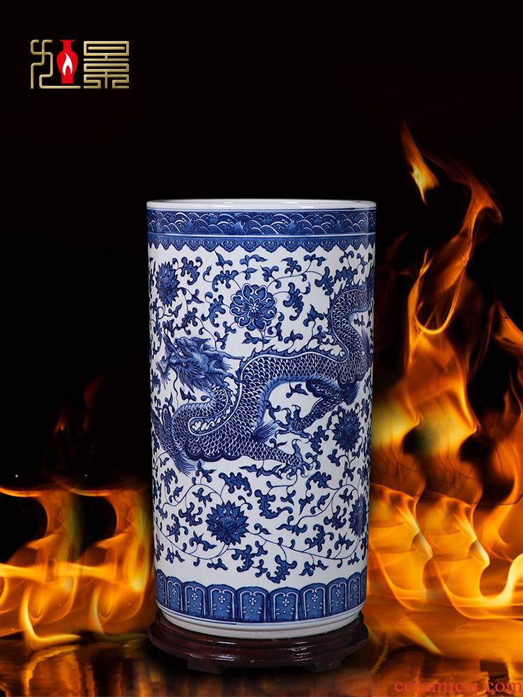 Jingdezhen ceramic vase hand - made of blue and white porcelain dragon quiver scroll painting and calligraphy cylinder large furnishing articles sitting room ground