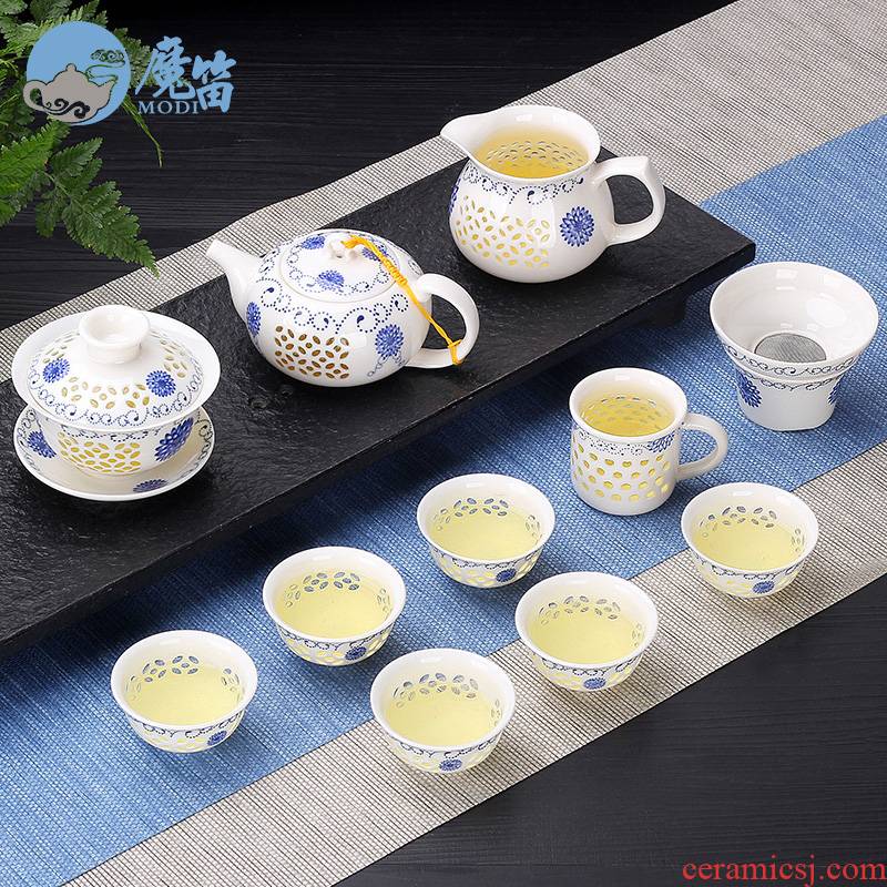 The flute and exquisite originality ceramic kung fu tea set home tea cup teapot jingdezhen contracted tureen tea art