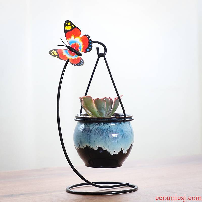 Fleshy flowerpot ceramic package mail creative move hanging the plants, wrought iron contracted indoor hanging shelf flesh POTS