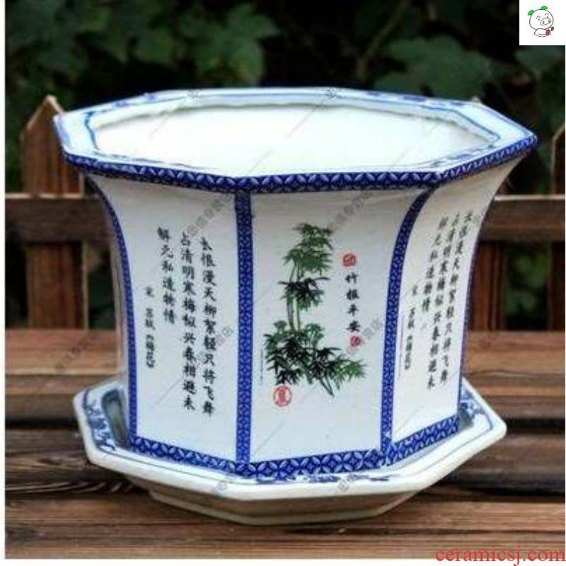 Ceramic flowerpot more meat oversized small number 5 dresses in blue and white porcelain anise sent tray with bottom
