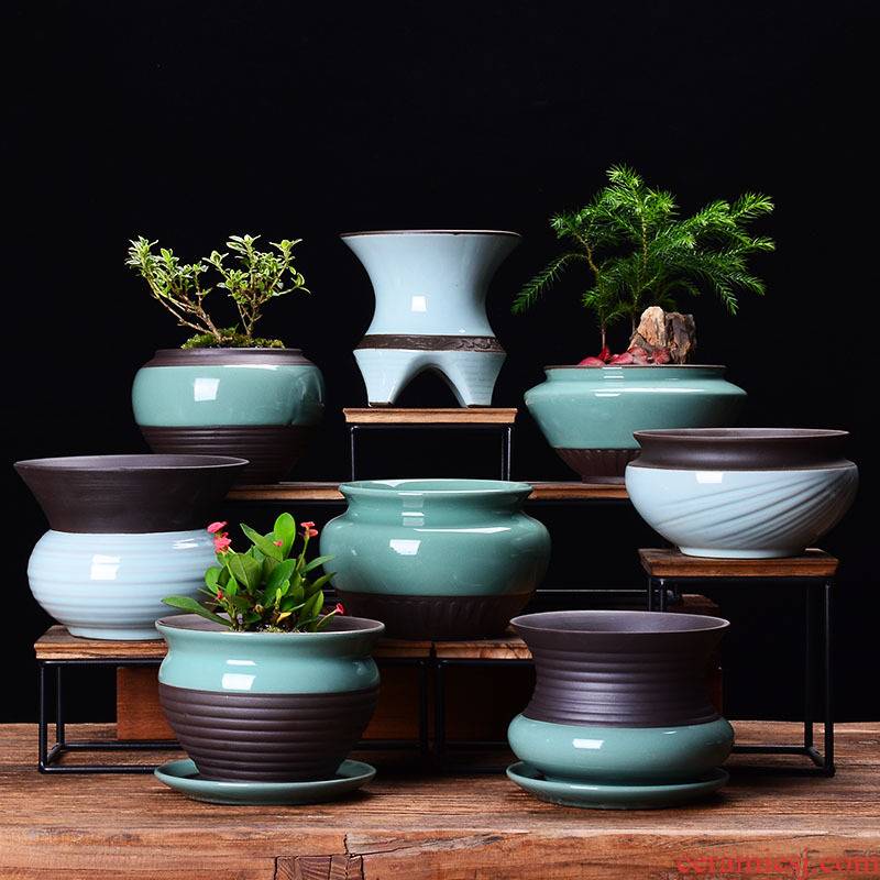 Creative ceramic flower POTS with tray was contracted household basin grow rich tree orchids dedicated desktop green plant pot
