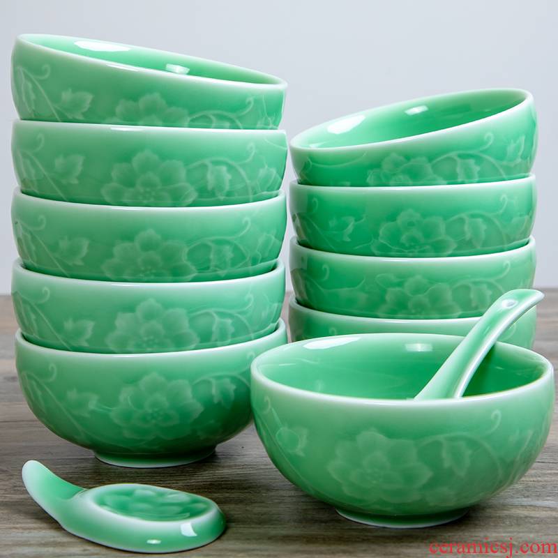 Longquan celadon bowls of household rice bowls set ceramic tableware Chinese trumpet large bowl of hot single protection, restoring ancient ways