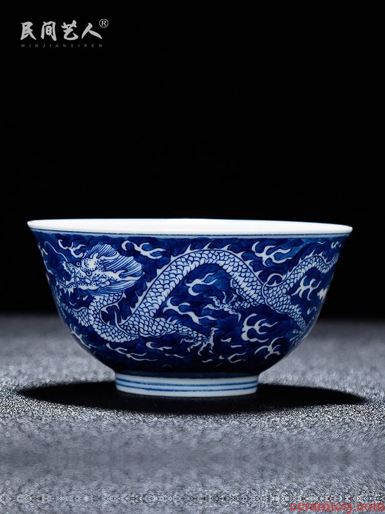 Folk artists to double dragon master of blue and white porcelain cup single hand made blue cup of jingdezhen ceramic high - end kung fu tea cups