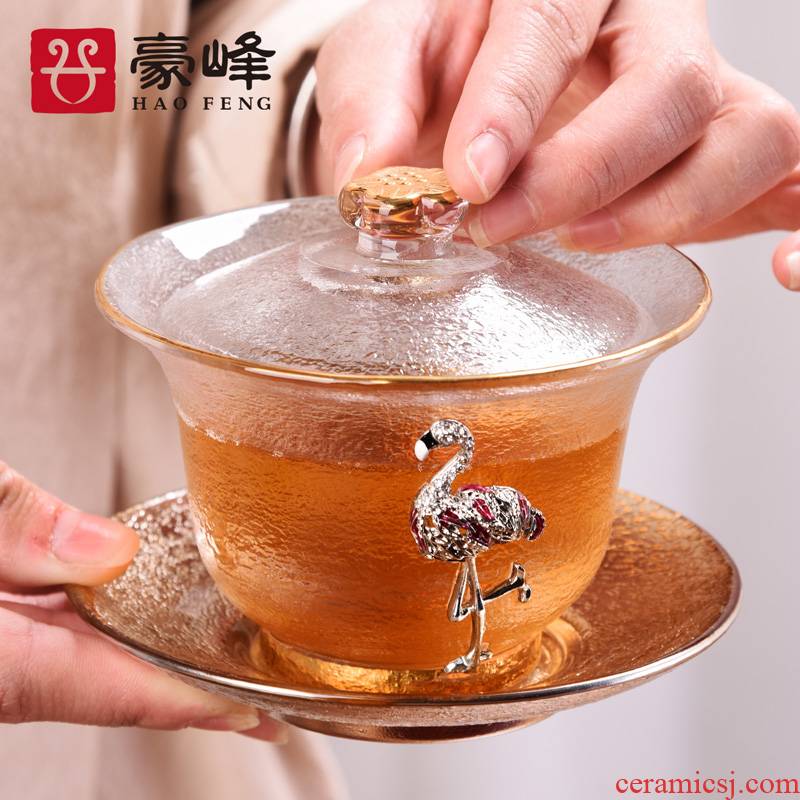 HaoFeng heat - resistant glass tureen large transparent kung fu tea set cover suit single thickening to use only three cups of tea