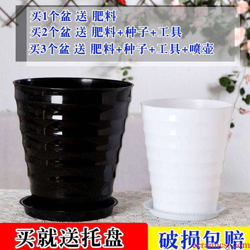 Oversized thickening capacity of black and white plastic thread flowerpot circular resin imitation ceramic green plant pot tray