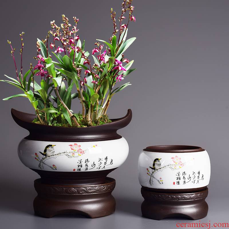 Creative ceramics with tray clivia money plant bracketplant special butterfly orchid orchid basin automatic suction couch potato flower pot