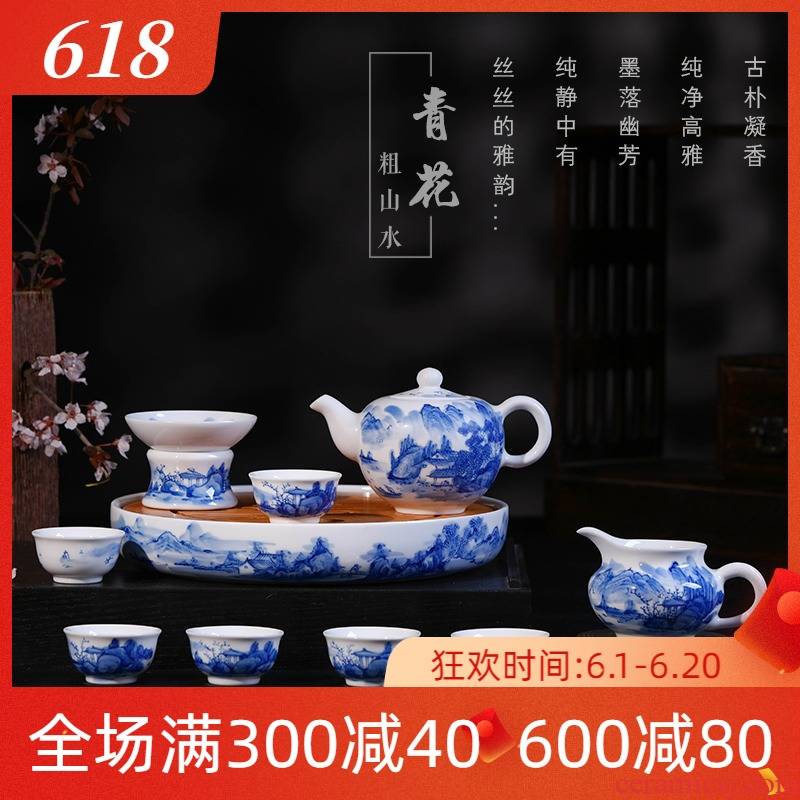 Folk artists hand - made the scenery of a complete set of blue and white porcelain tea set the visitor jingdezhen ceramic company in the home of tea set