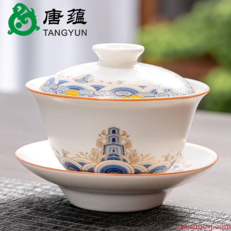 Gold colored enamel three to make tea tureen bowl cups large single household kung fu tea set suits for the lounge