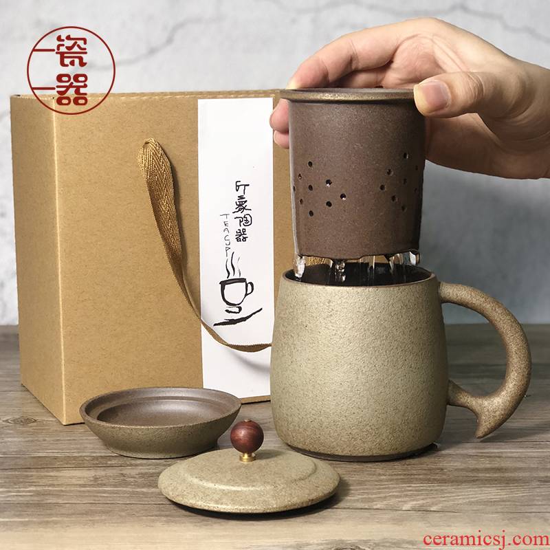 Retro coarse pottery tea mugs children water separation filter with cover glass mugs male big office
