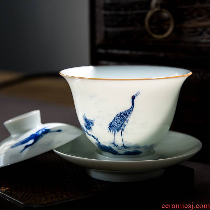 The Escape this hall jingdezhen blue and white pine crane, hand - made ceramic tureen tea cups set three tureen tea bowl of kung fu tea set