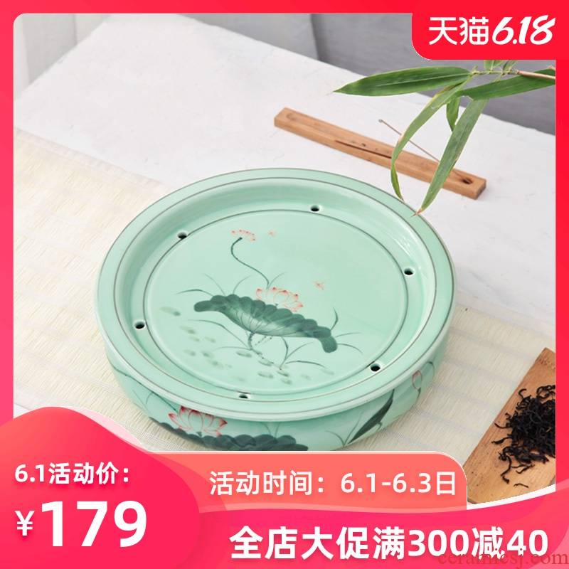 Longquan celadon ceramic tea set round kunfu tea tea tray was round tray household water storage large ship tea big number