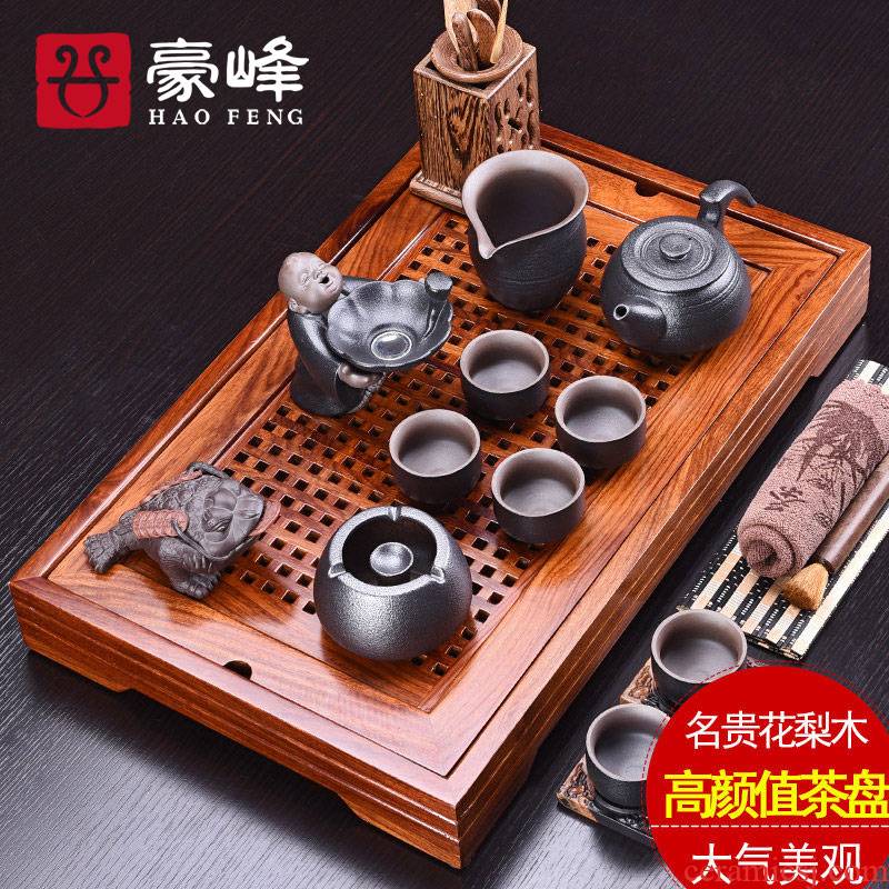 HaoFeng kung fu tea set purple ceramic tea set of a complete set of hua limu tea tray was suit household solid wood tea tray