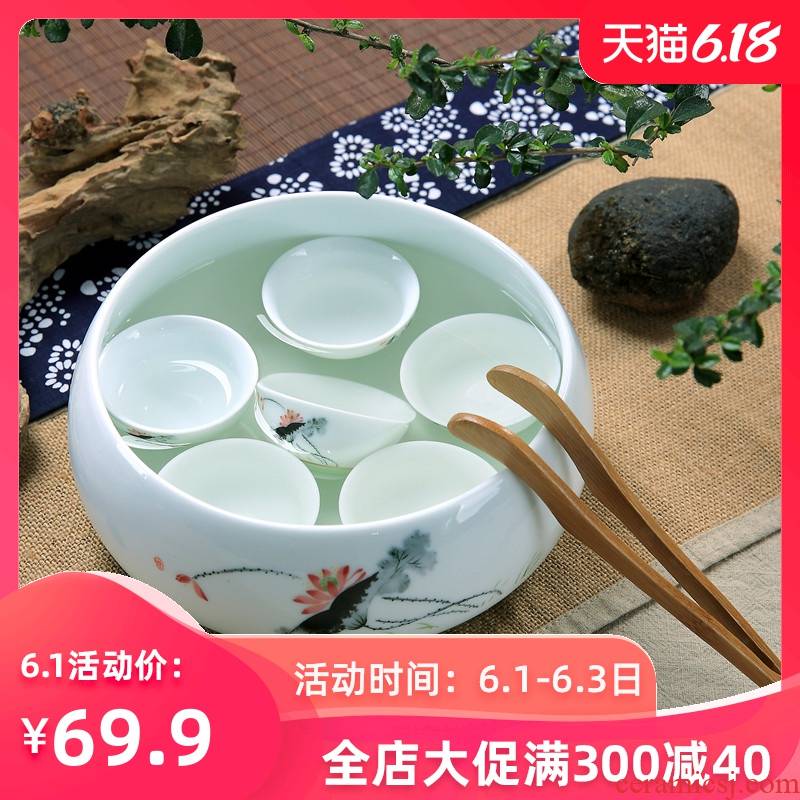 Household kung fu tea accessories large ceramic tea wash cup XiCha basin writing brush washer from large water jar for wash cup bowl of jingdezhen
