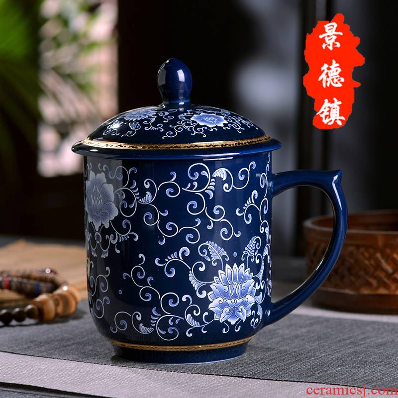 Office of jingdezhen blue and white porcelain cup large business ceramic cup with cover large capacity make tea cup boss cup gift box