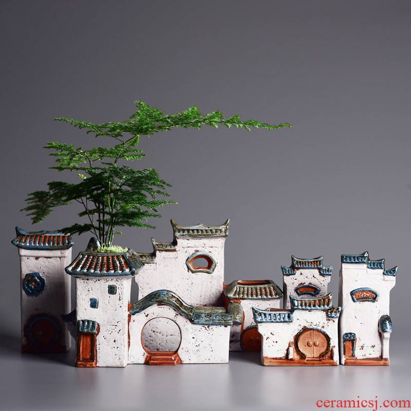 Creative ceramic household micro moss calamus asparagus pot jiangnan landscape wind house, potted landscape basin to much meat