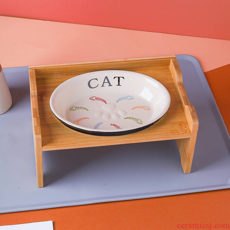 The Cat food single foot over solid wooden double bowl water bowls Cat food protection against rice basin ceramic oblique expressions using the Cat bowl of cervical spine.