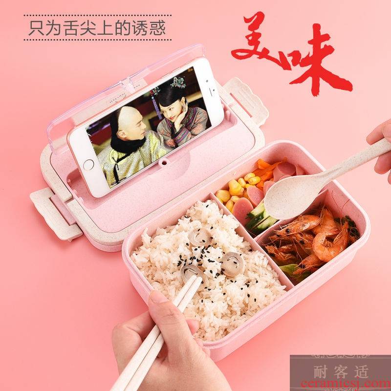 Wheat straw portable lunch box can be microwave Korean students bento female leakproof with cutlery boxes