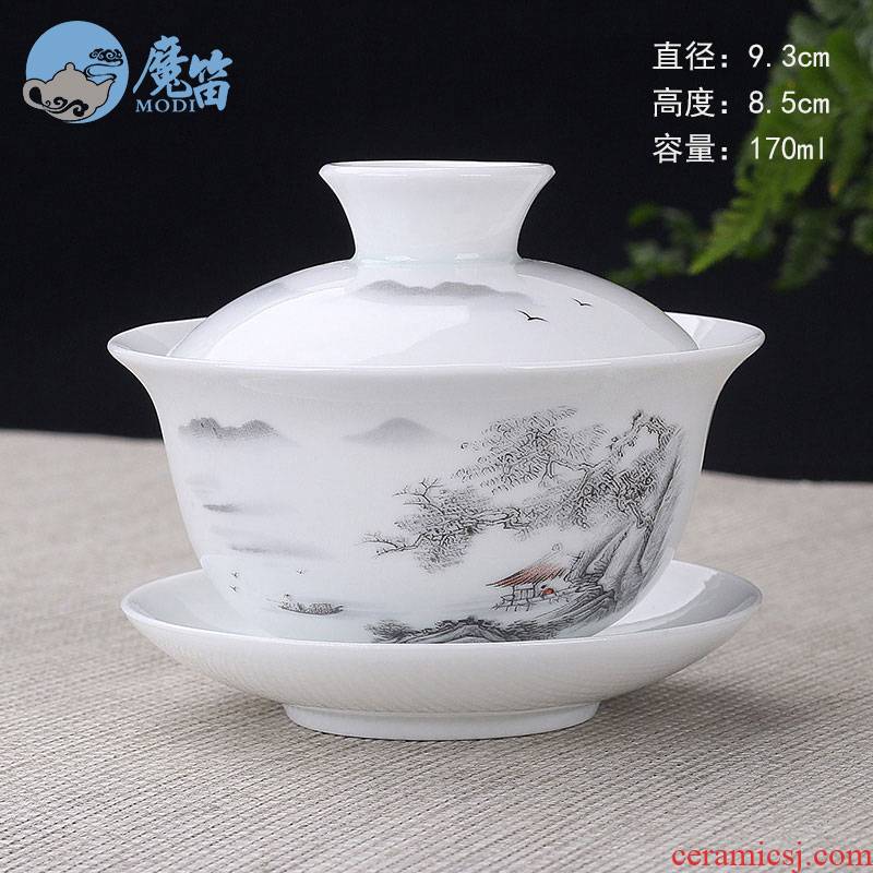 The flute tureen to use large single three cups to make tea, white porcelain kung fu tea set jingdezhen violet arenaceous celadon