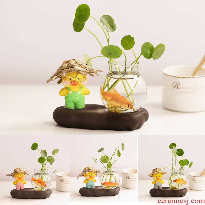 Express little yellow duck web celebrity individuality creative little dolls ceramic furnishing articles water raise grass cooper hydroponic glass vase