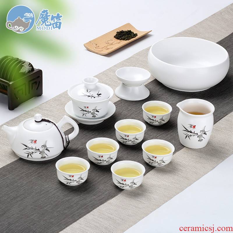 The flute up kung fu tea set suits for Chinese tureen household contracted teapot teacup dehua white porcelain office