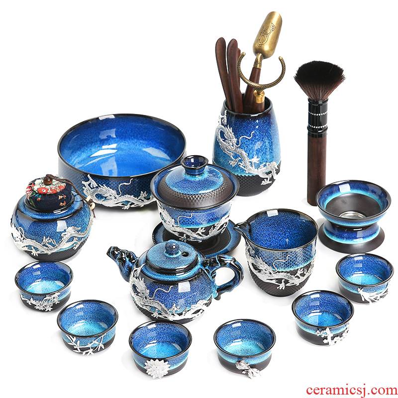 Build light coppering. As silver tea set household kung fu tea set a complete set of ceramic cup tea tray lid bowl gift boxes