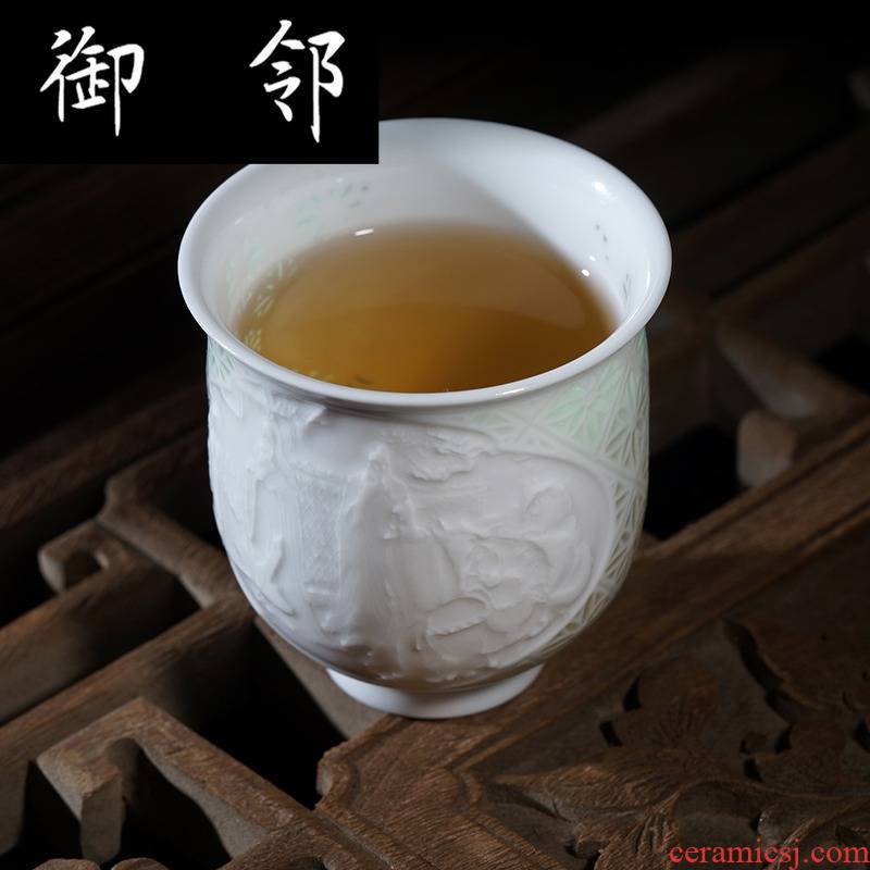 Jingdezhen tea set high half white clay ceramic knife green heap shadow carving delicate and exquisite hollow out fragrance - smelling cup masters cup