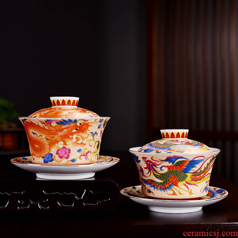Into this monkey grilled ceramic flower tureen hand - made kung fu tea powder enamel only three tureen tea bowl three cups
