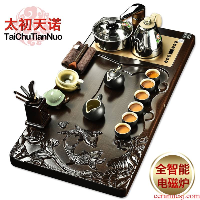 The beginning day, ebony wood annatto tea tray automatic water induction cooker kung fu of a complete set of purple sand tea set