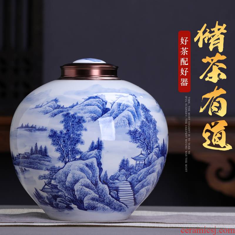 Extra large blue and white porcelain glaze color caddy fixings under seal pot home 3 jins of jingdezhen ceramic red tea storage tanks