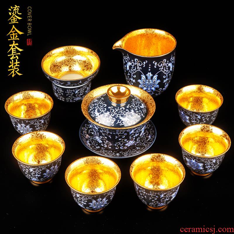 Artisan fairy gold tea set tureen cup pure manual household ceramics kung fu tea set a complete set of high - end gift box