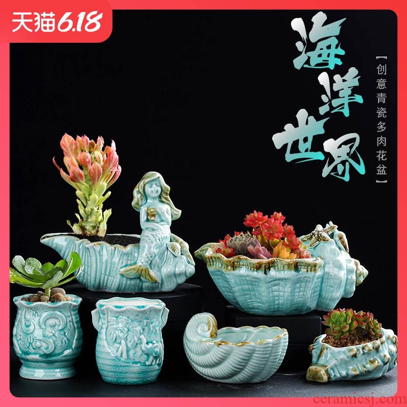 Fine ceramic creative express cartoon sea world contracted celadon fleshy flower POTS, large diameter breathable thumb basin