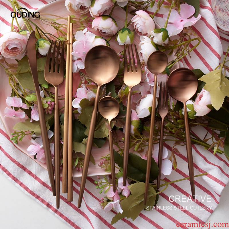 OUDING dumb light rose gold knife and the fork of two - piece 304 stainless steel tableware steak knife and fork spoon, dessert spoon, chopsticks