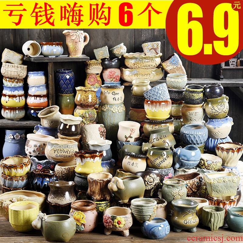 Fleshy flowerpot ceramic clearance sale small character of large diameter potted plant household creative coarse pottery breathable