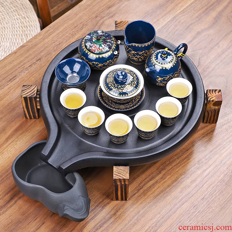 Purple sand tea set household kung fu ceramic teapot water storage tea tray tea solid wood, ceramic tea tea table