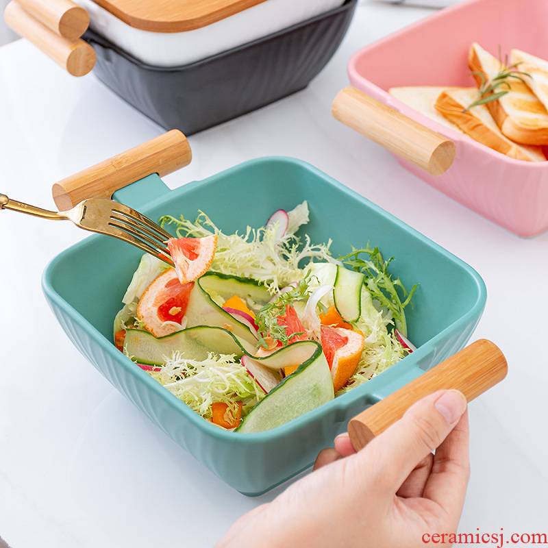 Nordic ceramic ears bamboo prevent hot soup bowl household utensils large fruit salad bowl with the wooden cover soup basin