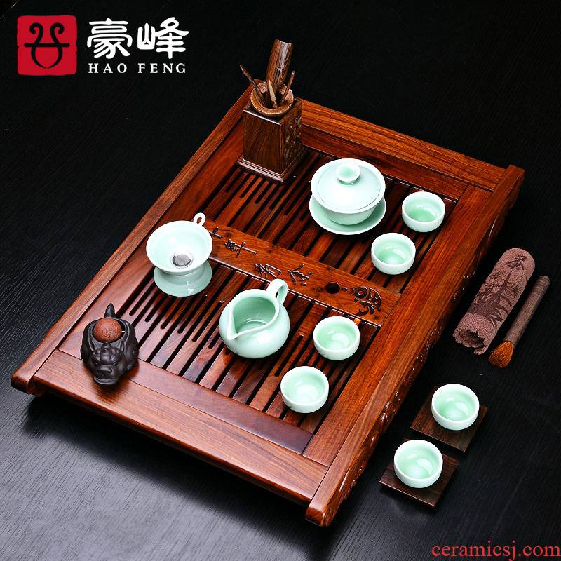 HaoFeng hua limu celadon of a complete set of tea set celadon kung fu tea set hua limu tea tray was solid wood pallets