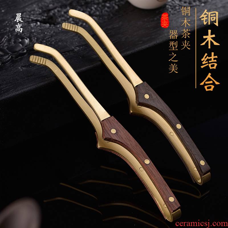 Morning high copper wood clip tea accessories ebony wood kung fu tea tea cups tweezers suit pure copper