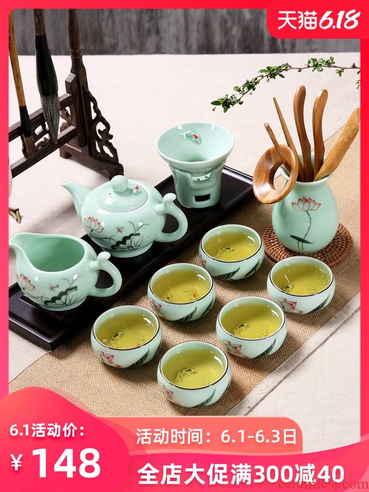 Household longquan celadon lotus carp kung fu tea set ceramic teapot teacup contracted style chaoshan
