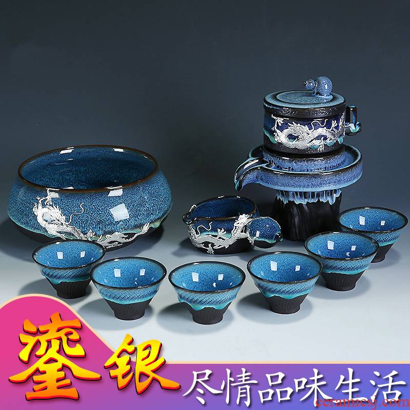 Build light tea set home lazy semi - automatic creative stone mill kung fu tea ware ceramic teapot teacup obsidian